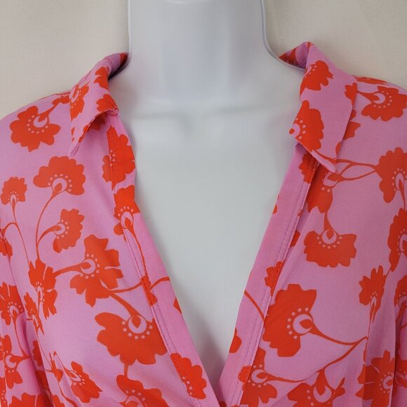 FREE PEOPLE Womens Shirt Sz L Lucky Shirtee Sheer Mesh PINK Floral Button Up - Picture 2 of 13